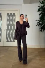 Bağcık Detaylı Fırfırlı Uzun Kollu Bluz