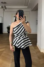 One-Shoulder Striped Satin Blouse
