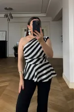 One-Shoulder Striped Satin Blouse