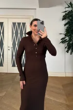 Fitilli Dik Yaka  Uzun Kollu Uzun Elbise