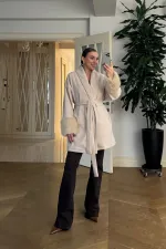 Şal Yaka Kuşaklı Kaşe Kadın Ceket