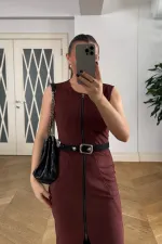 Suni Süet Sıfır Kol Midi Elbise