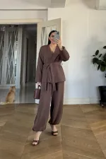 Kuşaklı Ceket Pantolon Kadın Takım