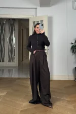 Pensli Kemerli Geniş Paça Kadın Pantolon