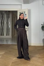 Pensli Kemerli Geniş Paça Kadın Pantolon