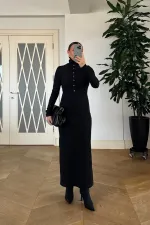 Fitilli Dik Yaka  Uzun Kollu Uzun Elbise