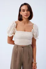 Balon Kol Gipeli Bej Bluz Tuba Butik