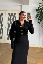 Kadife Dokulu Midi Gömlek Elbise