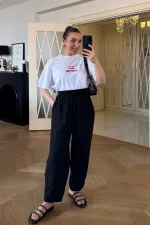 Bisiklet Yaka Baskılı Kısa Kollu Kadın Tişört %100 Pamuk