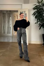 Leopar Desenli Denim Kadın Pantolon