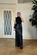 Suni Deri Püskül Detaylı Mini Etek