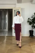 Midi Pencil Skirt with Slit and Button Detail