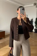 Crop Blazer Yakasız Kadın Ceket