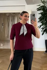 Short-Sleeved Knitted Sweater with Scarf