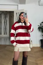 Polo Yaka Çizgili Triko Kadın Kazak