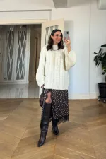 Jupe midi à pois ornée de dentelle