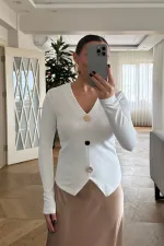 V Yaka Fitilli Uzun Kollu Bluz