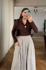 V Yaka Fitilli Uzun Kollu Bluz