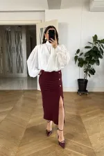Midi Pencil Skirt with Slit and Button Detail