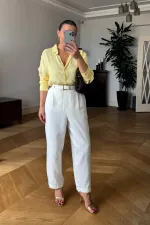 Pileli Keten Kadın Pantolon