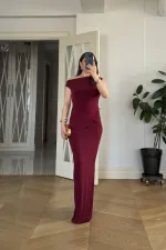 Düşük Omuz Düğüm Detaylı Uzun Elbise