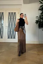 Suni Deri Püskül Detaylı Mini Etek