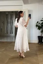 V Yaka Dantel Desenli Midi Elbise