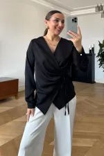 Kruvaze Bağlamalı Uzun Kollu Bluz