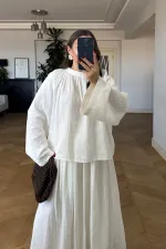 Linen Blend Long-Sleeved Blouse and Skirt Set