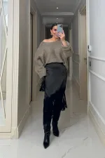 Asimetrik Kesim Dantel Detaylı Saten Etek