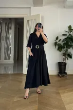 Kruvaze Yaka Kısa Kollu Uzun Elbise
