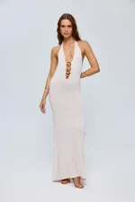 Boyundan Geçmeli Triko Uzun Elbise