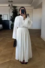 Linen Blend Long-Sleeved Blouse and Skirt Set