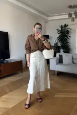 Keten Karışımlı Düğmeli Midi Etek