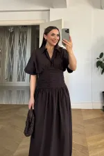 Gömlek Yaka Drapeli Uzun Elbise