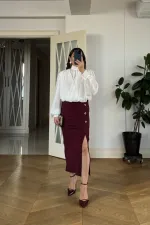 Midi Pencil Skirt with Slit and Button Detail