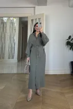 Kuşak Detaylı Uzun Kollu Gömlek Elbise