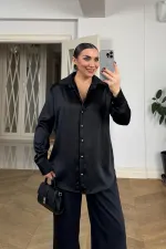 Gold Düğmeli Saten Kadın Gömlek