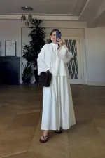 Linen Blend Long-Sleeved Blouse and Skirt Set
