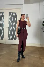 Suni Süet Sıfır Kol Midi Elbise