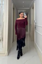 Asimetrik Kesim Dantel Detaylı Saten Etek