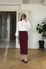 Midi Pencil Skirt with Slit and Button Detail
