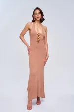 Boyundan Geçmeli Triko Uzun Elbise