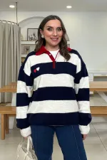 Polo Yaka Çizgili Triko Kadın Kazak