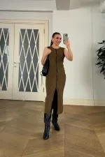 Suni Süet Sıfır Kol Midi Elbise