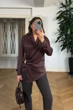 Kruvaze Yaka Tokalı Uzun Kollu Saten Bluz