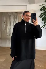 High-Neck Zip-Up Knitted Women's Sweater