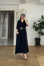 Kruvaze Yaka Kısa Kollu Uzun Elbise