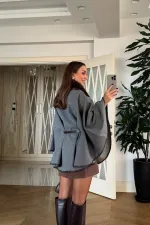 Dikiş Detaylı Suni Kürklü Kaşe Panço