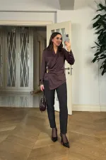 Kruvaze Yaka Tokalı Uzun Kollu Saten Bluz